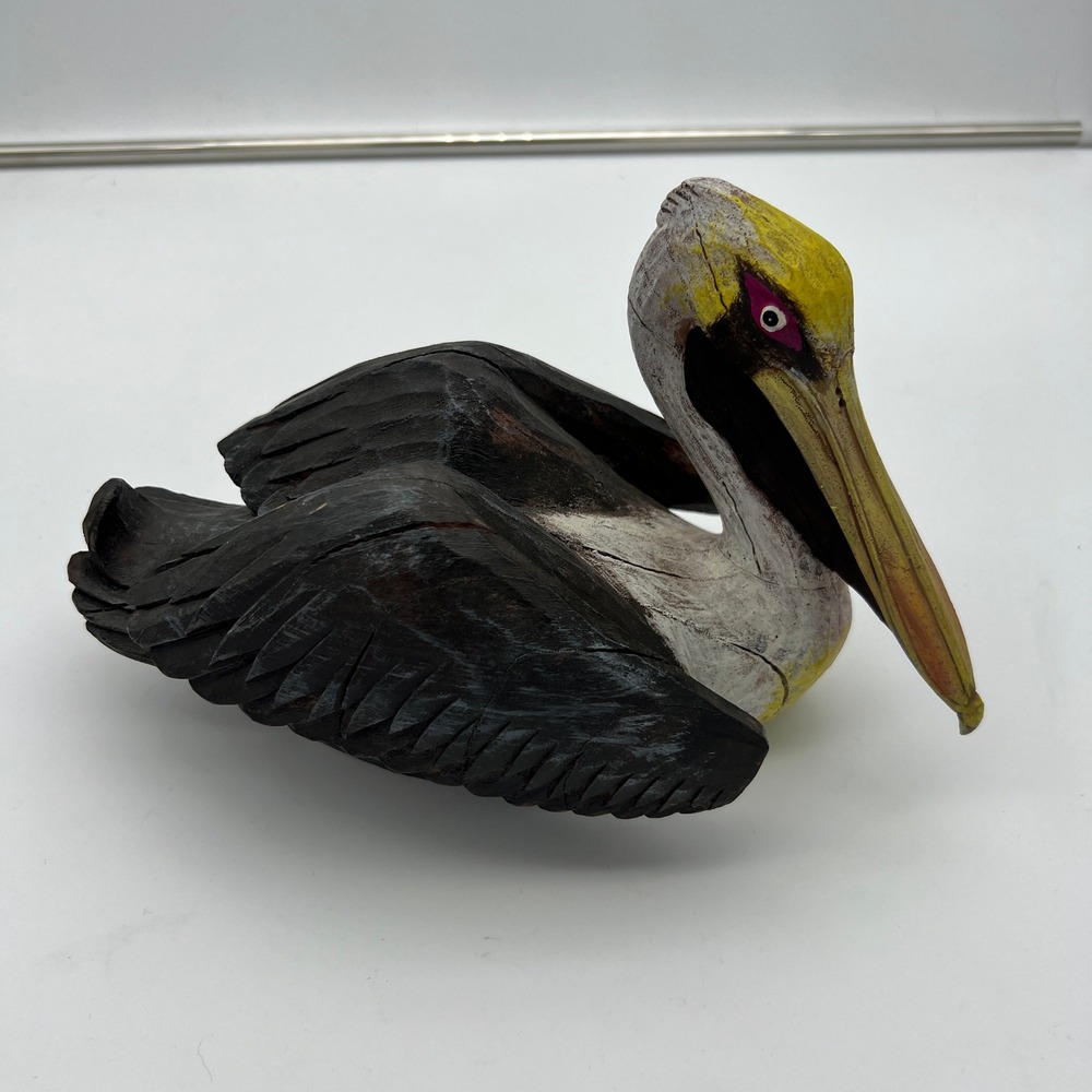 Vintage Hand Carved Wooden Pelican Figurine Rustic Folk Art Coastal Decor 10.5"